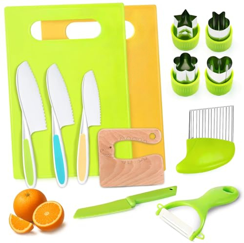Chaoyoyo Kit 13 Pièces Couteaux Sécurité Enfant – Couteaux Montessori, Planche à Découper, Éplucheur et Ustensiles de Préparation pour Fruits & Légumes – Accessoires de Cuisine Sécurisés pour Enfants