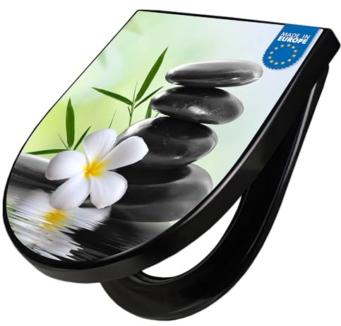 banjado WC Sitz mit Absenkautomatik D Form - Toilettendeckel mit Absenkautomatik D Form - Klodeckel Softclose - stabile Klobrille - Toilettensitz Schwarz - Motiv Steine & Relax 6