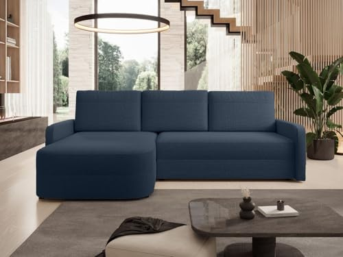 GRAINGOLD Arvento Ecksofa mit Schlaffunktion und Bettfunktion, 250x170 cm, L-Form Sofa, Schlafcouch für Wohnzimmer, Chenille-Stoff, 3-Sitzer Eckcouch, Ecksofa mit Stauraum (Dunkelblau)