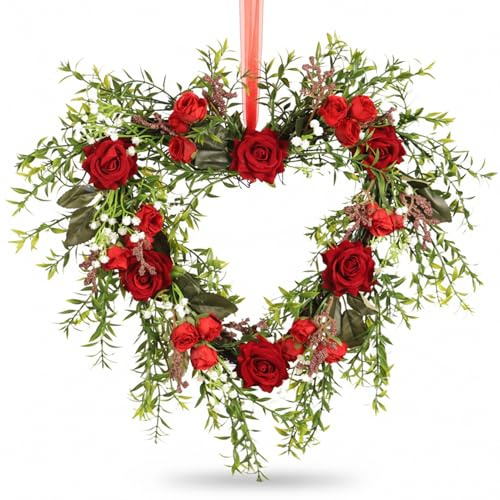 Heart Shaped Wreath with Faux Roses – Valentines Wreaths for Front Door Easy Hanging Spring Floral Decor for Wedding Party Home Wall