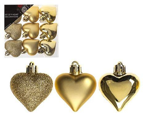 Toyland Pack Of 9-5cm Gold Heart Baubles - Shiny Matte & Glitter Design - Christmas Tree Trims