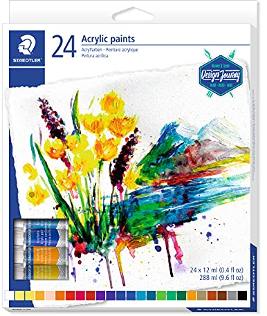 Staedtler Peinture acrylique de qualité professionnelle, Couleurs très pigmentées et faciles à mélanger, Étui carton avec 24 tubes de peinture aux couleurs vives et assorties, 8500 C24