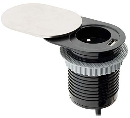 Otio - Bloque de enchufes compacto para empotrar - 2P+T 16A - Válvula de corredera - Puerto USB - Superficie de trabajo - Negro