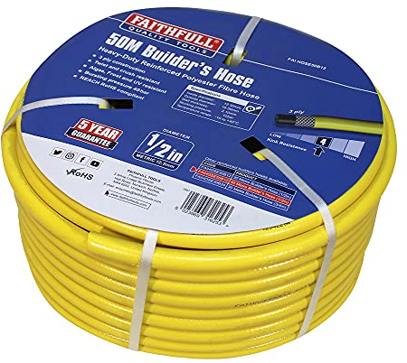 Faithfull Heavy-Duty Reinforced PVC Builders Hose 50M (164ft) 12.5mm (1/2in) Diameter – 24 Braid Fibre Mesh, Kink & Twist Resistant Hose Pipe