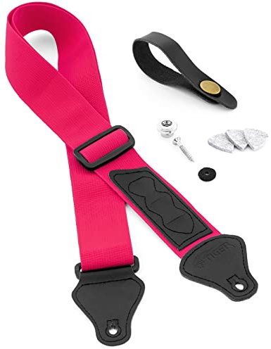 TIGER Ukulele Gurt Pack inkl. Gurt, Kopfplatte Krawatte, Gurtknopf/Endpin und 3 Filzplektren geeignet für Sopran, Konzert, Tenor- und Baritonukulele - Rose