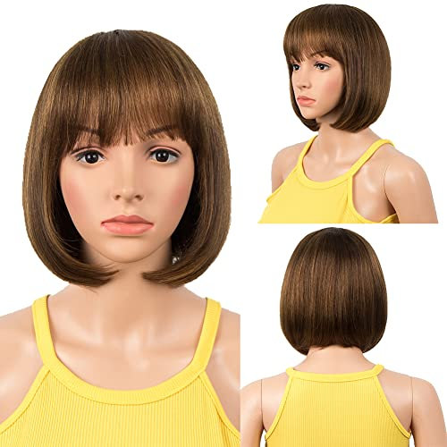 DÉBUT Echthaar Perücke mit Pony kurz Perücke Bob Pixie 10A brasilianisches Virgin Remy Hair 20cm 103g (P4/30: Ombre Mittelbraun mit hellem Rotbraun)