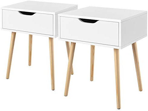 Yaheetech Set 2 Comodino Camera da Letto Bianco Comodino con Cassetto Gambe in Legno Mobiletto Organizzatore da Letto 48,5 x 41 x 57,5 cm Tavolini d'Appoggio Tavolino Lato Moderno da Divano Salotto