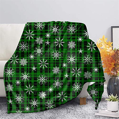 HUGS IDEA Grüne Gitter-Decken, Weihnachts-Schottenkaro, Schneeflocken-Muster, zotteliger Sherpa-Fleece-Überwurf für Zuhause, Schlafsaal, warm, flauschig, Schal, Bettlaken, Größe L