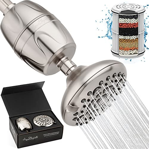 Aqua Elegante High Pressure Shower Head & Filter - Adjustable Water Saving Showerhead For Low Flow Showers With Bath Filters To Remove Chlorine + Hard Minerals, 2.5 GPM - Brushed Nickel