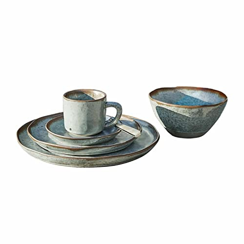 LOBERON Geschirr 30er Set Biarré, große und kleine Teller, Tassen, Unterteller, Schüsseln aus Steingut, H/Ø ca. 2.5/26.5 cm, türkis/braun