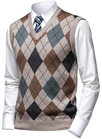 Herothorn Herren Diamant West Dick Strickweste Business Ärmellose Pullunder Wollweste Argyle Lässig V-Ausschnitt Pulloverwestee Gestrickt Pullover für Männer