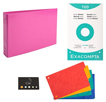 Lot 1 Classeur Pour Fiches + 4 Intercalaires + 100 Fiches Bristol 125 * 200 Petits Carreaux + 1 Index Adhésif Blumie (Rose)