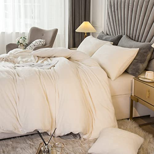 Michorinee Winter Plüsch Bettwäsche Set 155x220 Cashmere Touch Flauschig & Warme Coral Fleece Uni Bettbezug mit Reißverschluss - Creme Weiß | 155 x 220 cm + 80 x 80 cm