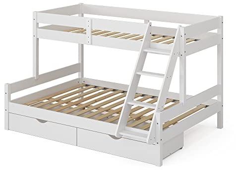 VitaliSpa Etagenbett Everest, Jugendbett, Weiß, 140x200 / 90x200 cm mit Schubladen