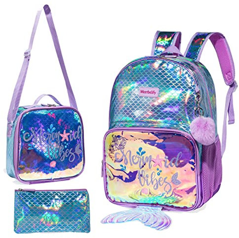 HTgroce Mochila Niña, Sirena Mochila Niña Escuela Preescolar Primaria Kindergarten Mochilas Escolares Infantiles Lleva una lonchera y un Estuche para lápices 6 Años Mochila Escolar