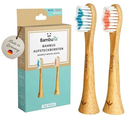 BAMBUNA Ersatzbürsten aus Bambus - Aufsteckbürsten mittelweich - Schallzahnbürste Bürstenkopf - Bambus Bürstenkopf elektrische Zahnbürste - Made in Germany (blau/rosa, 2er-SET)