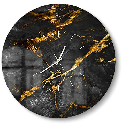 DEQORI Glasuhr | rund Ø 50 cm | Motiv Veredelter Naturstein | große XXL Design Uhr aus Glas | leise Wanduhr für Wohnzimmer & Küche | moderne Hingucker Uhr für die Wand