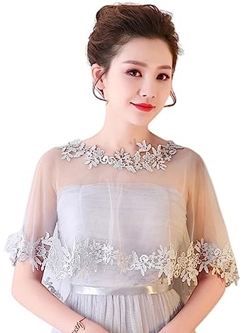 SamHeng Capa de Boda de Encaje para Novia, Mujer Flor Bordada Bolero Envoltura de Chal Cubierta de Hombro Tul Capelets para Fiesta de Noche Disfraz Accesorios de Fotos (Gris)