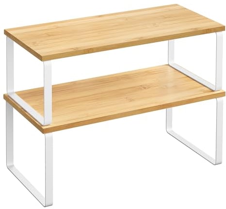 SONGMICS Estante para Especias, Juego de 2, Organizador de Armario, Estante de Almacenamiento de Cocina Extensible, Especiero de Metal y Madera de Ingeniería, Blanco Nube yBeige Natural KCS200W01