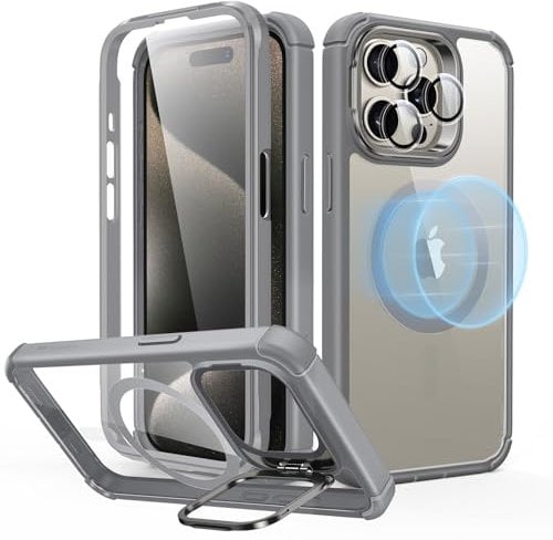 ESR Armor Tough Case with Stash Stand (HaloLock), Compatible with iPhone 15 Pro Max, Clear Grey
