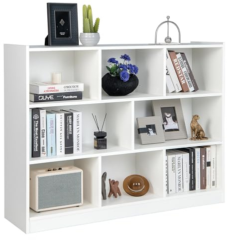 KOMFOTTEU offenes Bücherschrank, Bücherregal 3 Ebene, Standregal Aufbewahrungsschrank mit 8 Würfel, Büroregal Würfelregal Holz, Standschrank Wohnzimmerschrank für Bücher Spielzeug (Weiß)