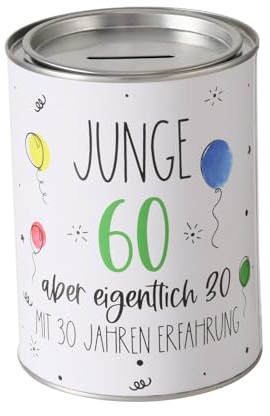 Spardose Sparschwein Schriftzug Junge 60 Aber eigentlich 30, Mit 30 Jahren Erfahrung - Deckel abnehmbar - Metall Sparbüchse Geldgeschenk Geschenkidee Geldspardose Metallspardose 14 x 10 cm