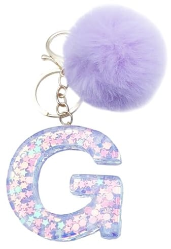 Xsclpomddy Mädchen Alphabet Buchstaben Schlüsselanhänger Niedlich Schlüsselanhänger Glitzer mit Pom Pom Quasten Harz Keychain Violett für Tasche Charme,G