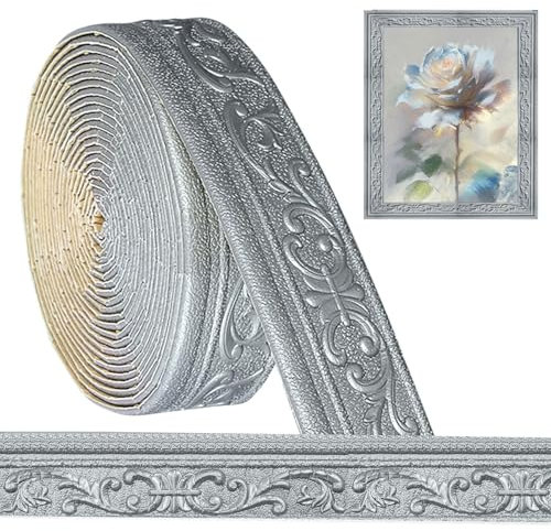 Hengrongshen Zierleisten Selbstklebend Silbrig, Selbstklebende Bordüre 10m x 8cm x 5mm, Wasserdicht Bordüre 3D, Tapetenbordüre Selbstklebend für Flur, Decke, Ecke, Linie