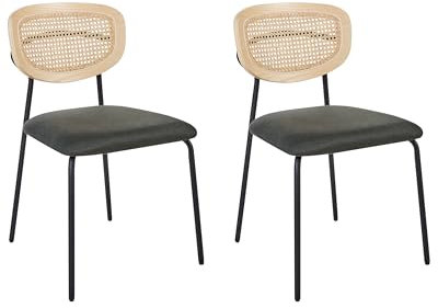 2er Set Moderne Esszimmerstühle mit Wiener Geflecht Rattan Rückenlehne und Sitzfläche Polyester Armlos Design mit schwarzen Beinen Dunkelgrün Mayetta Stilvolle Möbel