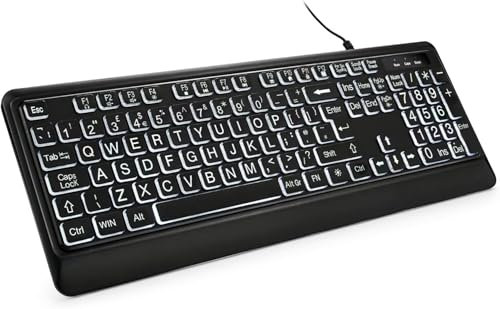 BERGUF Large Print Backlit Keyboard, Quiet USB Wired Computer Key board, Full Size Keyboard with White Illuminated LED Compatible for Windows Desktop, Laptop, PC, Gaming, Black (Large)