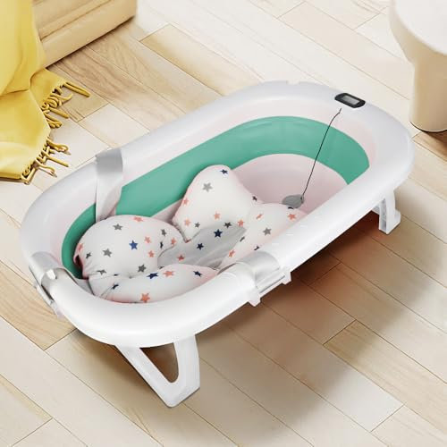 OHMG Bañera Bebe, Bañera Plegable Bebé, Bañera Bebé Con Termómetro Digital, Cojín De Baño, Bañera Bebe Plegable, Compacta Portátil Con Bandeja De Almacenamiento (Azul-80 x 50 x 23 cm)
