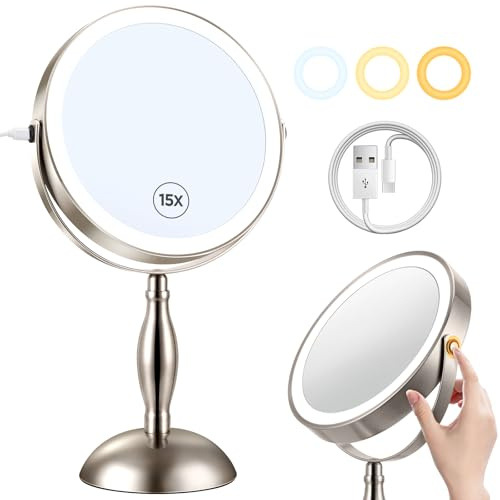 Lichter Make-up Spiegel, 1X / 15X Nickel Vergrößerungsspiegel mit 3 Farben, 360 ° Rotation Touchscreen & wiederaufladbare doppelseitige, Helligkeit verstellbare Kosmetik Licht Spiegel, Typ-C Ladekabel