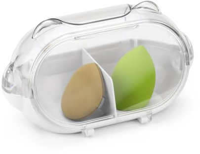 Diakey Makeup Sponge Holder, 2 Compartments Qtip Holder with Front Lid, Bathroom Vanity Organizer for Beauty Sponge Blender, Face Power Puff, Cotton Ball, Swab, Round Pads