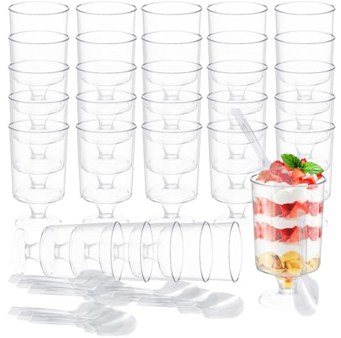 CHUNLINLAODA 30PCS Tazze da Dessert Rotonde in Plastica Mini Tazze da Dessert con Cucchiai,130ml Tazzeda DessertRotonde in Plastica Riutilizzabile per Casalinghi,Budino,Mousse,Gelato (Trasparente 2)