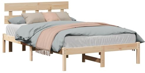 vidaXL Bed Frame with Headboard Brown 140 x 190 cm Solid Pine wood, Modern, Durable Solid Wood Bed Frame, Rectangular Contemporary, Functional Headboard for Indoor Bedroom Setup