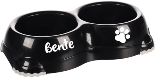 Personnalisable Bol double en plastique 2×330 ml Noir Leno Classic – support avec 2 bols intégrés – antidérapant & compatible lave-vaisselle – pour chiens & chats – personnalisé avec prénom – Petslino