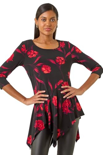 Roman Originals Women Asymmetric Top Ladies Hanky Hem Blouse Stretchy Tunic Occasion Smart Casual Summer Sprint Winter Autumn Cocktail Party Evening 3/4 Short Sleeve - Red Floral - Size 14