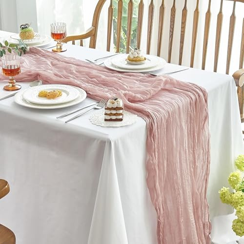 Chemin de Table Bohème Rose Poudré – Chemin de Table en Mousseline Tissu Cheesecloth, Décoration Élégante pour Mariage, Réception, Fête, Baby Shower, Décoration Rustique et Chic (90 x 300 cm)