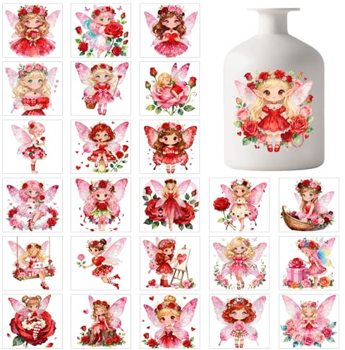 GLOBLELAND 25 Blatt Rote Valentinstag Feen Laternenaufkleber Niedliche Elfen Und Rosenaufkleber Liebesblumen Lampen/Einmachglasaufkleber Für DIY Glas Tassen Vasen Und Heimdekorationsarbeiten