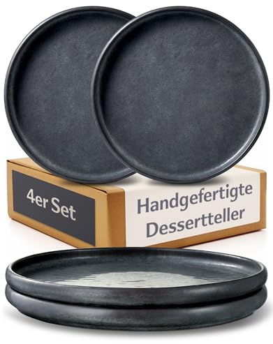 Cosumy 4er Dessertteller Set aus Steingut Ø22 cm – Handgefertigte Kuchenteller Schwarz – Elegante Frühstücksteller – Tafelservice Kleine Teller Set – Geschirr Set Modern (Tellerset für 4 Personen)