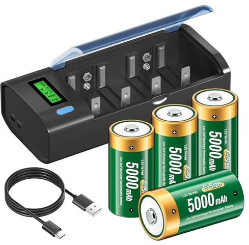 Palogreen C Batteries with Universal Charger for AA/AAA/C/D 9V NI-MH Batteries, 4 Pieces 5000mAh LR14 Rechargeable C Batteries with Type C Input LCD Display Battery Charger