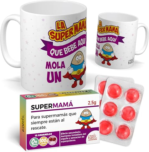 Taza Regalo Mamá | Taza de Cerámica + Caramelo de mamá | La Super Mamá Que Bebe Aquí Mola un Huevo | Detalle Original para Madres| Taza de Ceramica