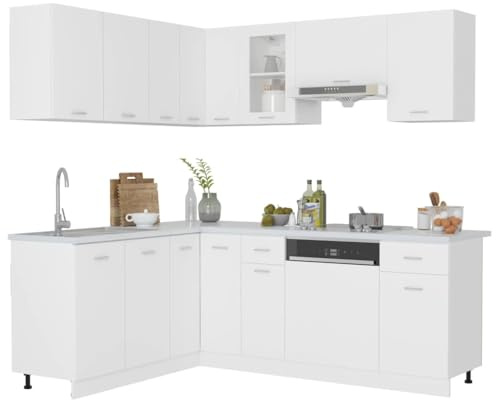 WRJENFSC 11-TLG. Küchenzeile Lyon in Weiß - Modulares Küchenschrank-Set aus Holzwerkstoff mit Hänge- und Unterschränken für viel Stauraum - Elegante Eckküche für die Moderne Wohnung