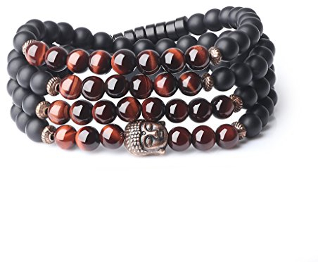 COAI Geschenkideen Unisex 108 Mala Gebetskette aus Matt Onyx und Tigerauge Rot mit Buddha-Kopf Wickelarmband Halskette