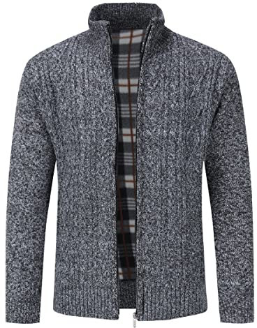 Sliktaa Mens Knitted Cardigan Thick Sweater Full Zip Wool Stand Collar Cardigans Coat Fleece Lined Long Sleeve Cardigan, M, Dark Grey