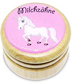GICO Milchzahndose, Zahndose Milchzähne Bilderdose aus Holz mit Drehverschluss in diversen Motiven für Jungen und Mädchen mit Drehverschluss 44 mm (Einhorn) -Made in EU-7011