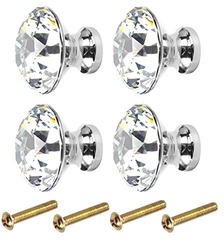 Kissral Drawer Knobs Crystal with Screws Clear 4pcs Drawer Handles Silver Door Knobs Vintage Wardrobe Handles Pull Handle for Chest Cupboard Kitchen Cabinet Cupboard Furniture Home Decorating