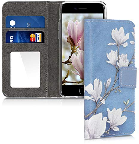 kwmobile Case Compatible with Apple iPhone SE (2022) / iPhone SE (2020) / iPhone 8 / iPhone 7 - Cover with Card Slots and Mirror - Magnolias Taupe/White/Blue Grey