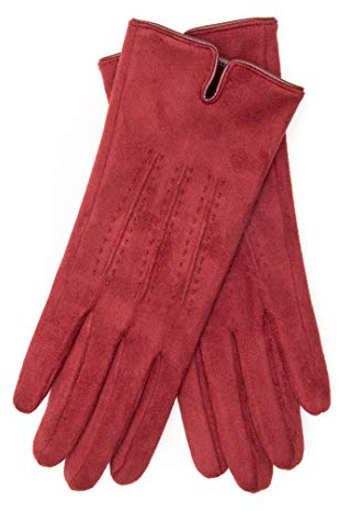 EEM Damen Handschuhe 100% vegan, Velours Optik, weiches elastisches Material, kuscheliges Teddyfleece, weinrot onesize