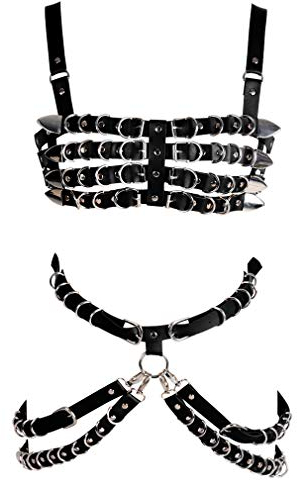 BBOHSS Damen Leder Body Harness BH Strumpfband Gürtel Set Punk Gothic Dance Karneval Kostüm Zubehör (Schwarz)